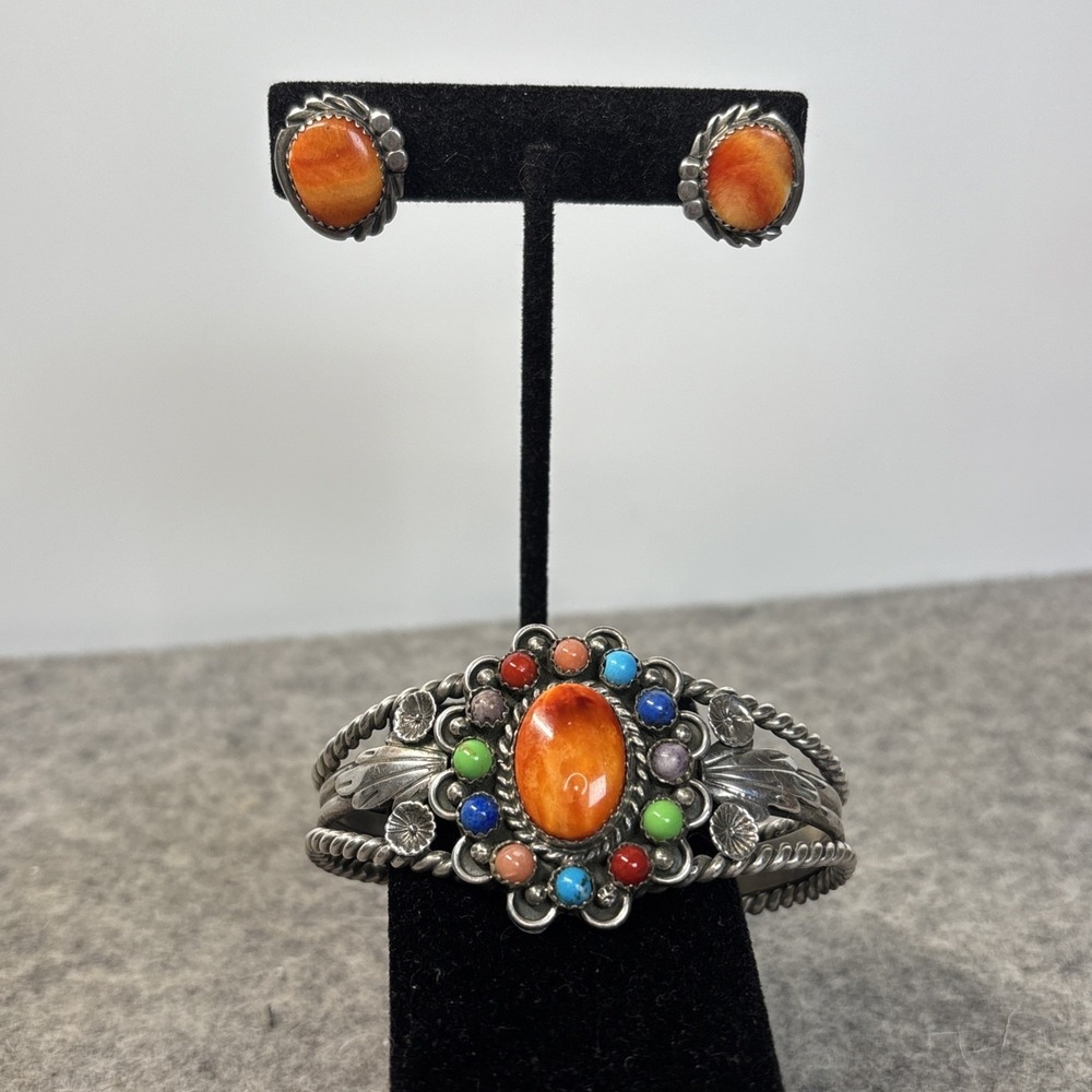 M. Bennett Native American Navajo Sterling Silver Cuff & Earring Set, 51g Signed